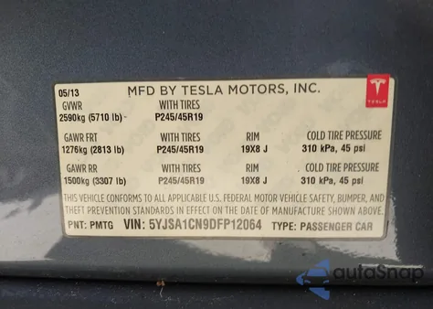 2013 Tesla Model S from USA, damaged, VIN 5YJSA1CN9DFP12064